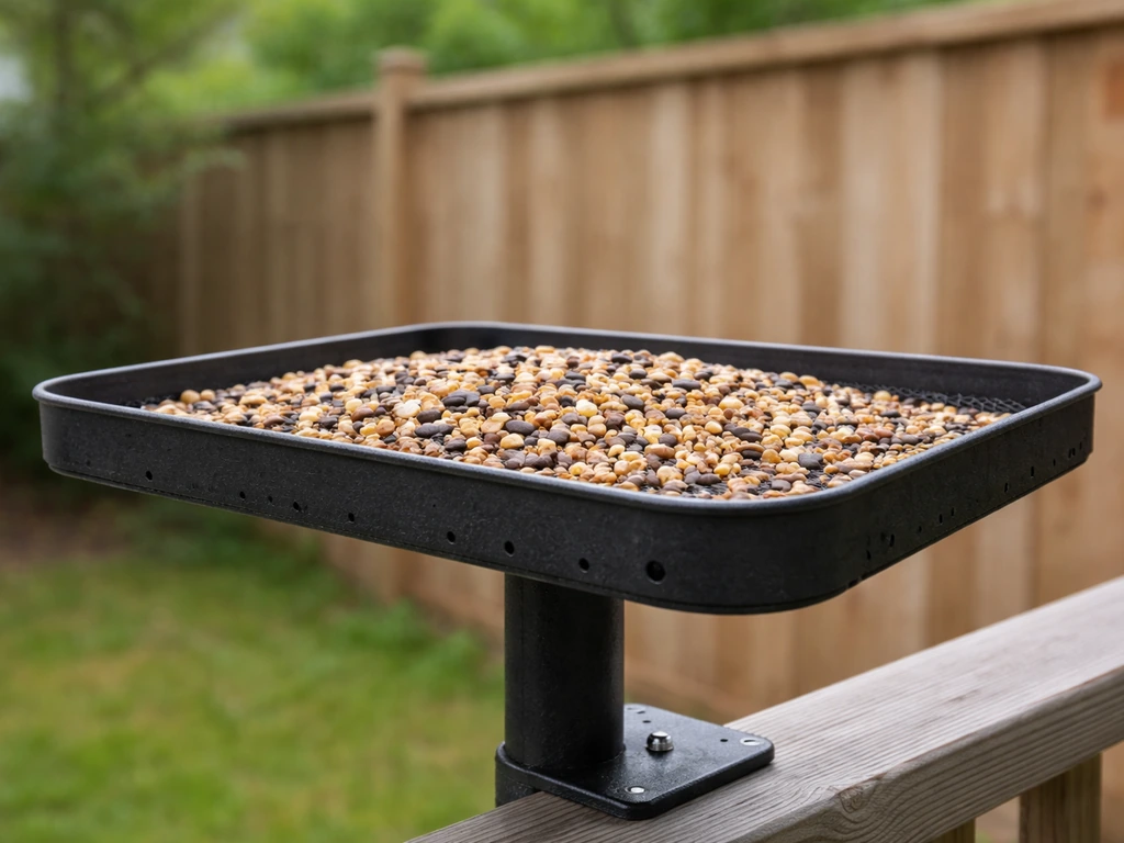 Side view of a platform bird feeder tray with a low lip and visible drainage holes.