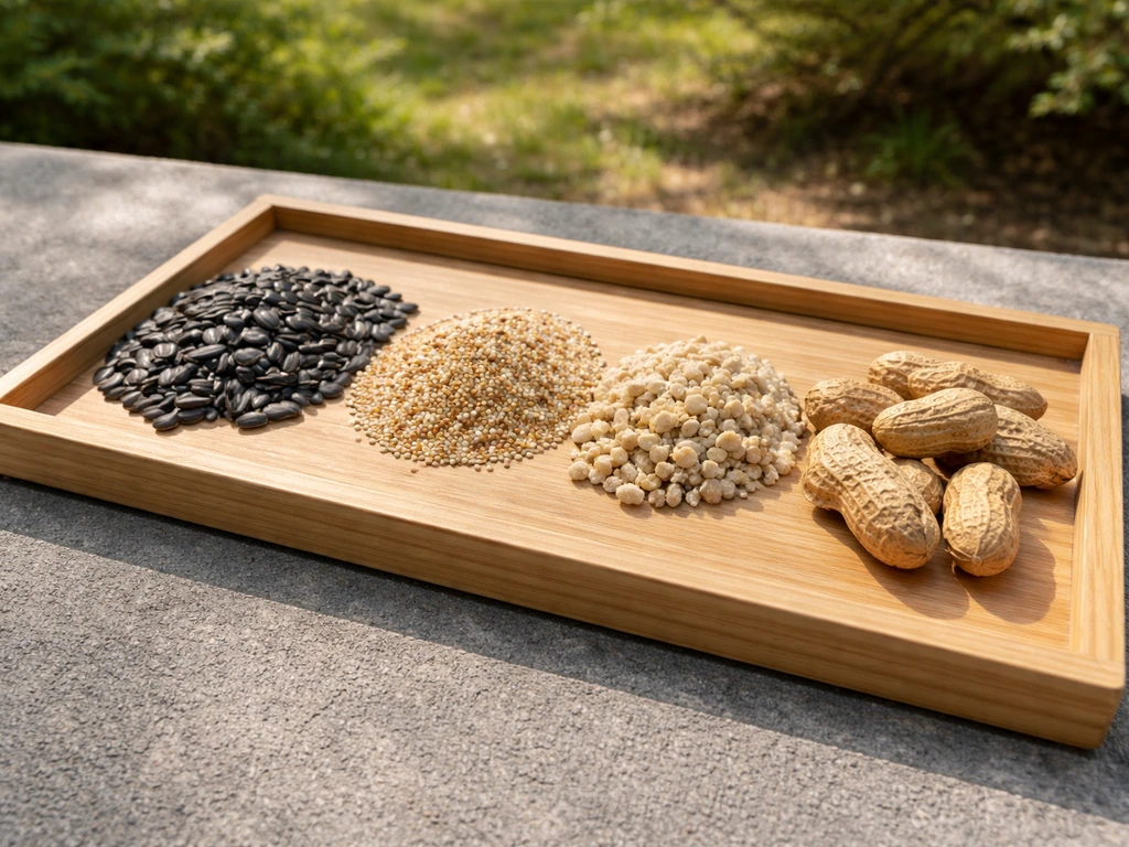 Tray with side-by-side piles of black-oil sunflower seed, millet, suet crumbles, and peanuts in shell.