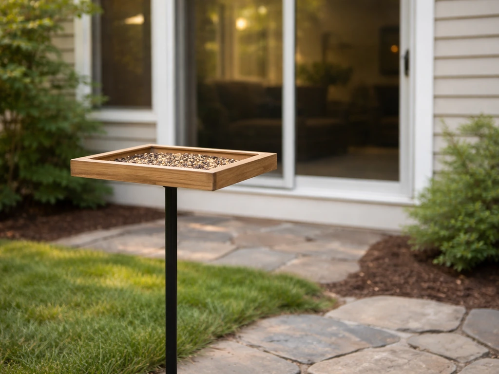 Backyard view with a platform bird feeder placed several feet from a window, showing safe distance from glass.