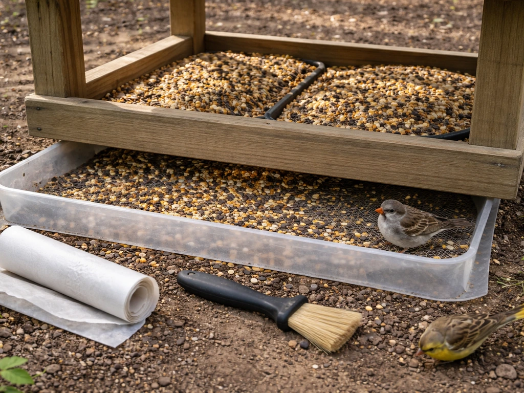 Bird seed scattered on a ground catch tray under a platform feeder, with a cleaning brush nearby