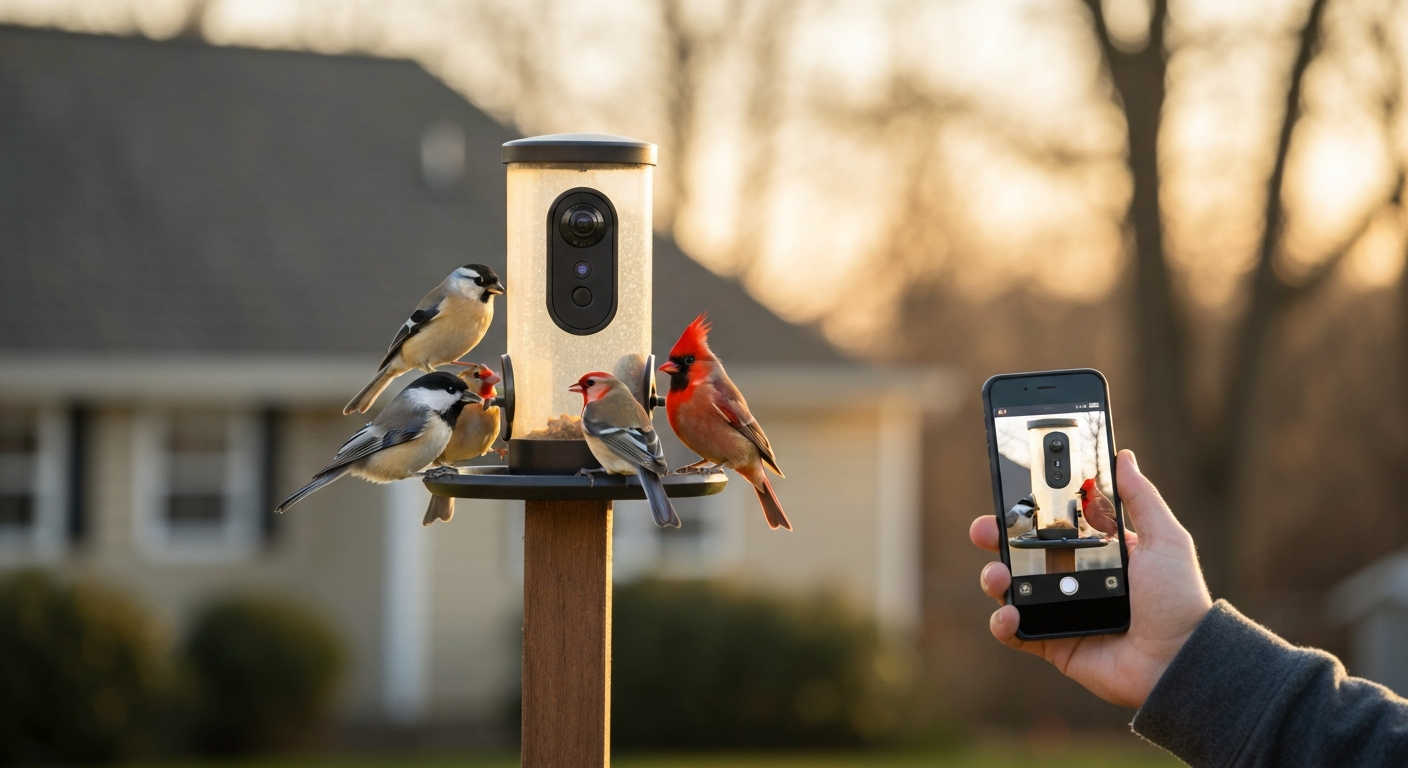 Smart bird feeder camera capturing songbirds with a person viewing the live feed on a smartphone.