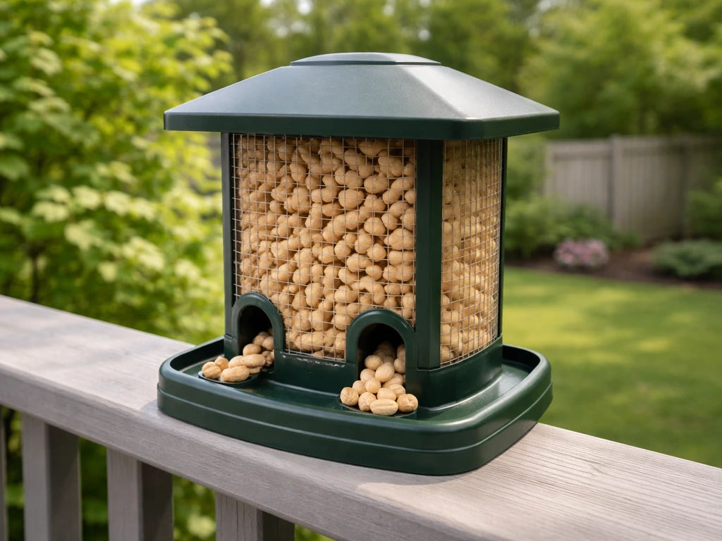 Shelled peanut bird feeder filled with peanuts in a quiet backyard garden, highlighting mess-reducing design.