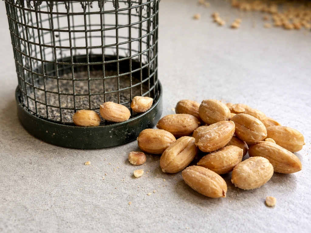 Close-up of shelled peanuts next to a wire mesh feeder, highlighting their chunky density versus seed flow.