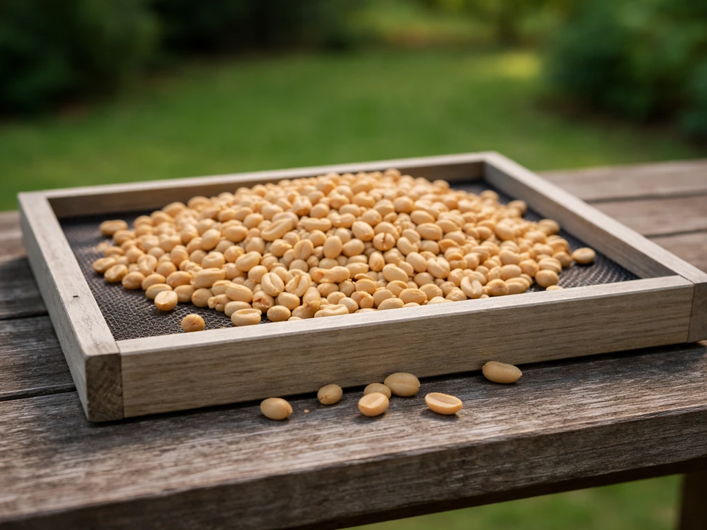 Platform tray feeder with shelled peanuts scattered on the open surface in a garden setting.