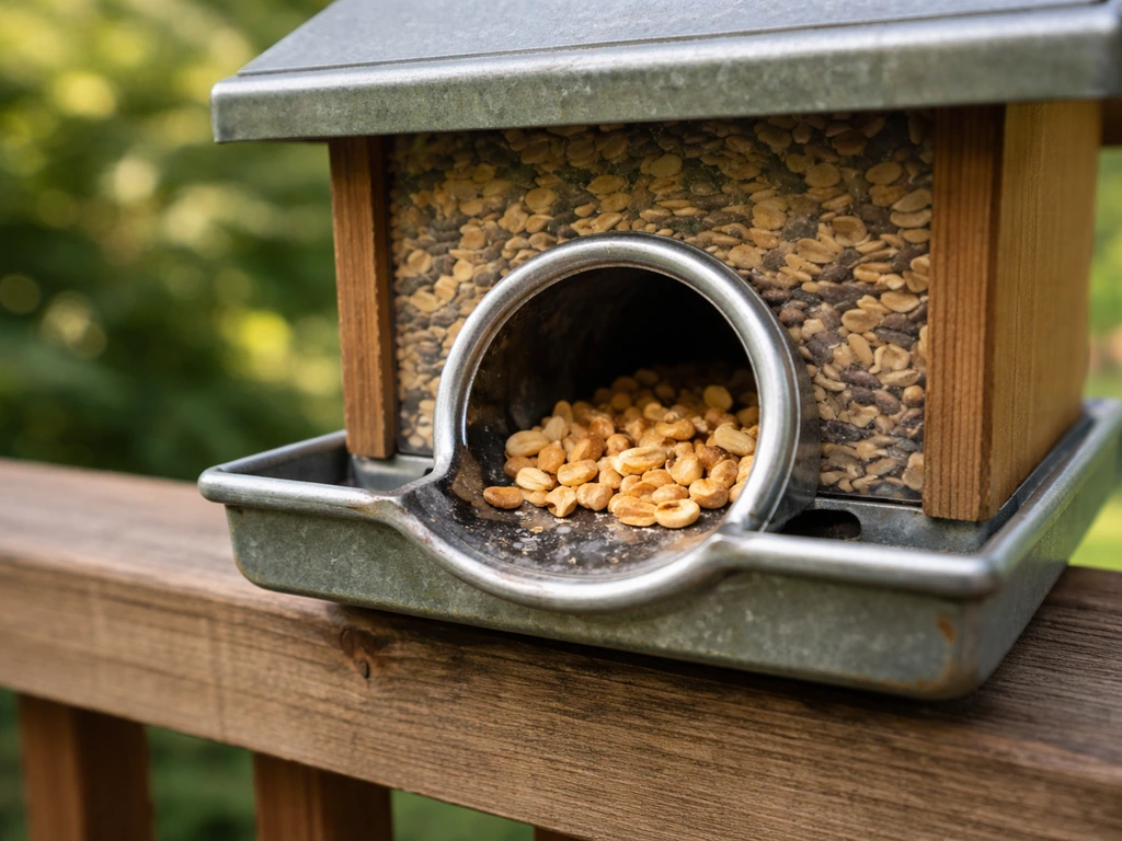 Close-up of a metal hopper feeder with an enlarged port opening, ready for peanuts.