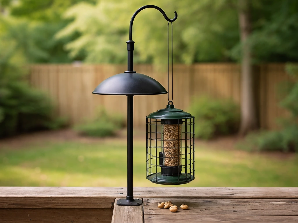 Outdoor bird feeder pole with a squirrel baffle and peanuts below to deter pests.
