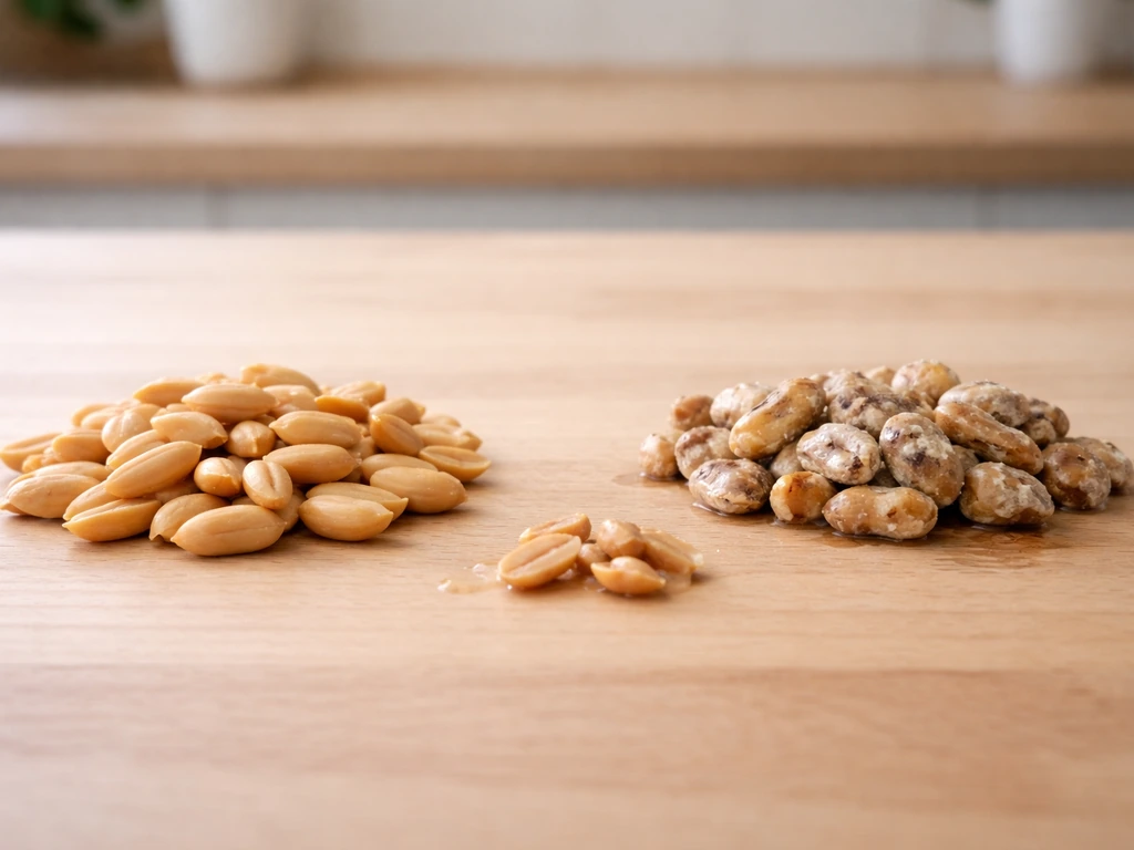 Two small piles of peanuts on a kitchen countertop—clean dry peanuts beside dark moldy clumped peanuts.