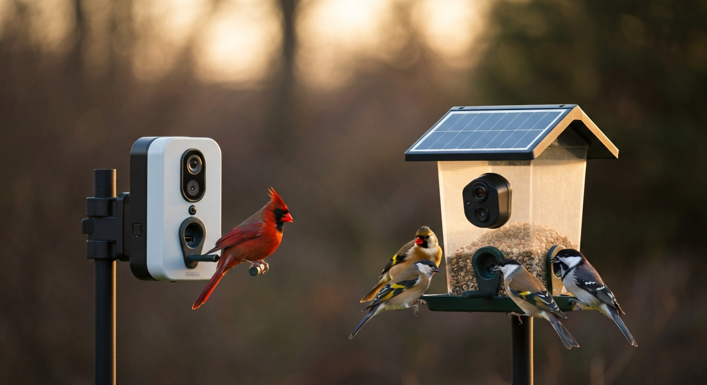 Two modern smart bird feeders in a backyard at sunrise—one with a single portrait camera and one with dual lenses plus solar panel—with small birds feeding, realistic photo.
