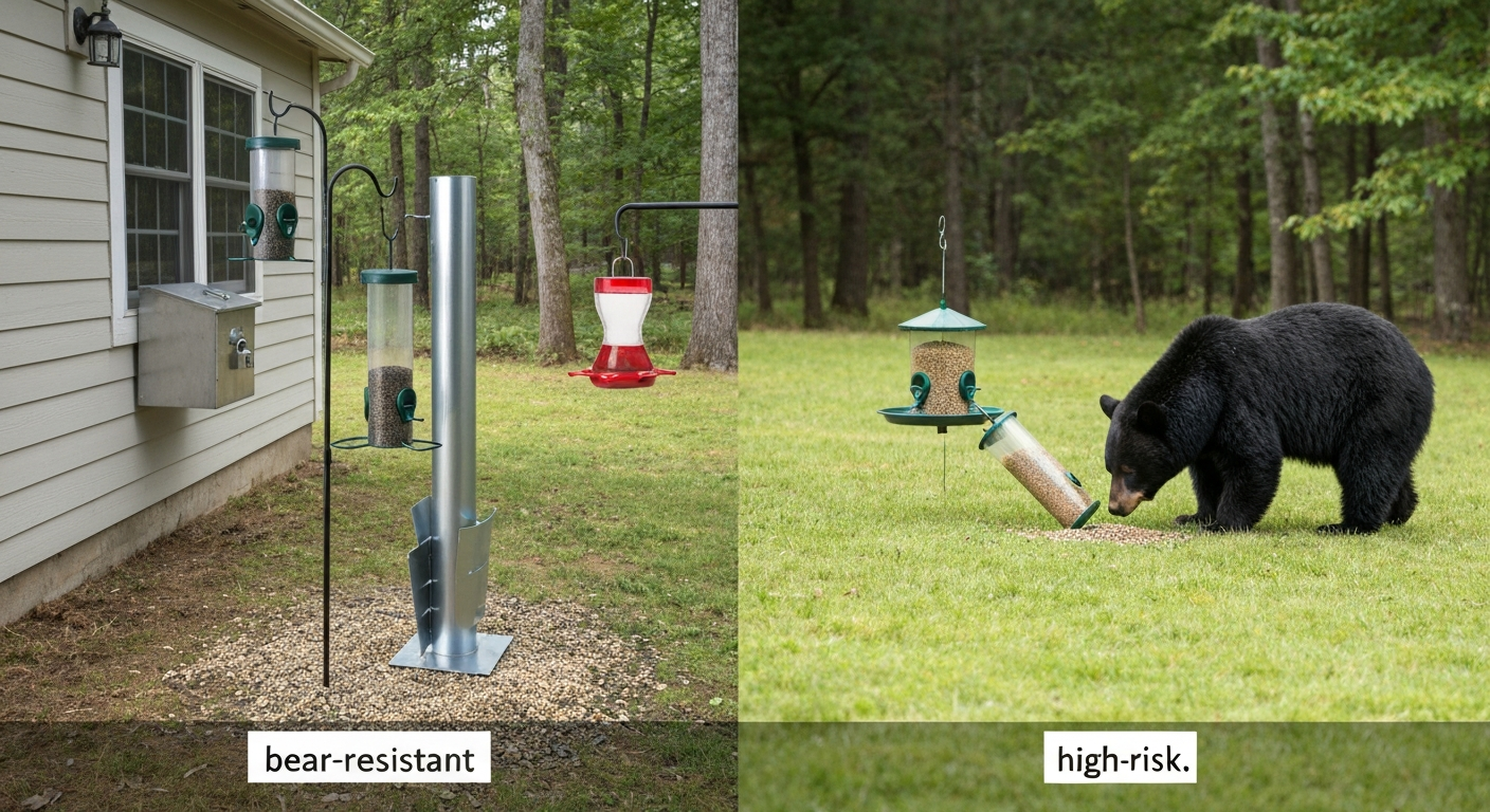 Backyard comparison: left side shows a proper steel pole with tube feeder and metal baffle plus a window hummingbird feeder and locked seed bin; right side shows a tipped hopper with spilled seed and a black bear sniffing the spill.