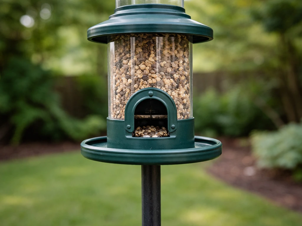Close-up of a slow bird feeder on a backyard pole, showing small restricted access ports.