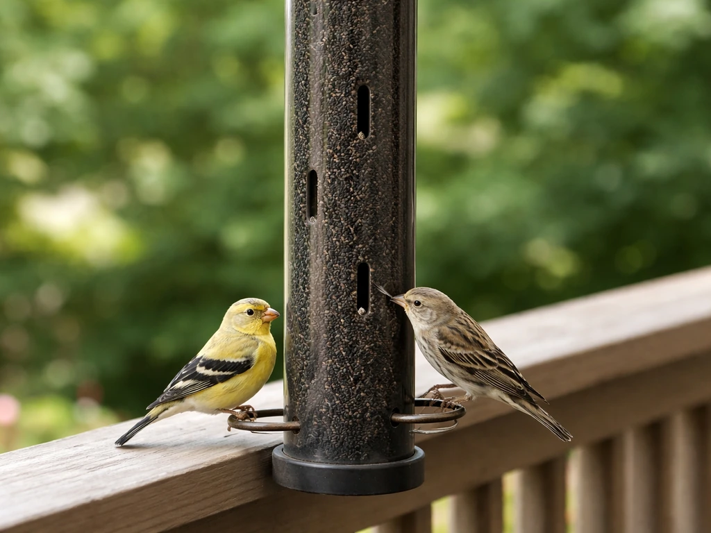 Nyjer tube feeder with tiny slit openings, small finch/bird feeding at the port.