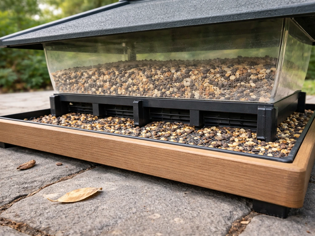 Low platform hopper bird feeder with a baffle/port opening, showing slow-feeding access from multiple angles