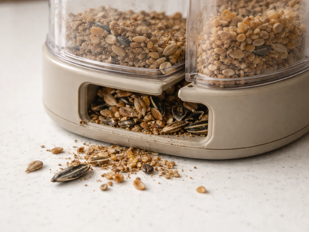 Close-up of a small-port slow feeder with a seed bridge and dislodged old seed blocking the opening.