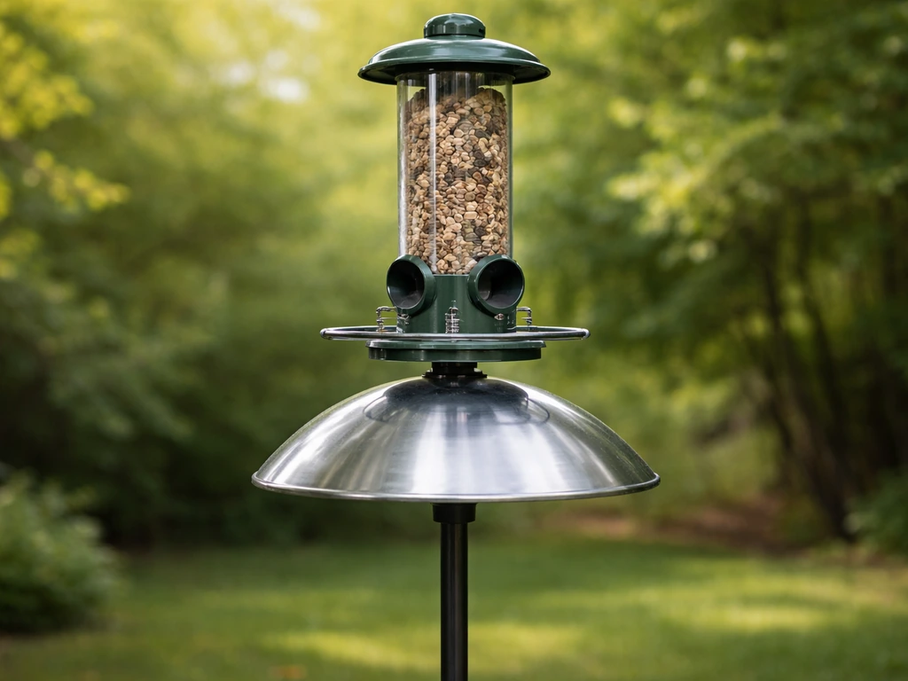 Protected slow bird feeder on a pole with a visible squirrel-deterrent spinning baffle and weight mechanism.