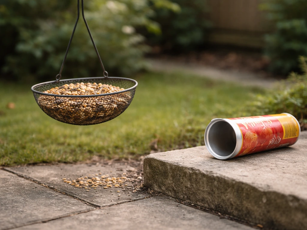 A bird-safe feeder with seed in a simple outdoor setup, with a Pringles can discarded nearby