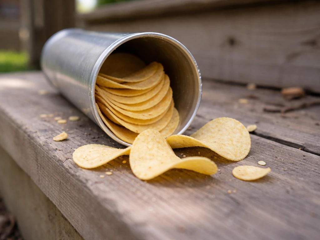 Close-up of an open Pringles can with chips spilling, suggesting it’s an unsafe bird feeder setup.
