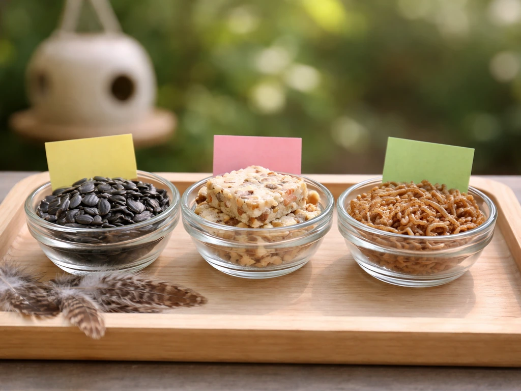 Minimal tray with bowls of sunflower seeds, suet, and mealworms for birds in natural light.