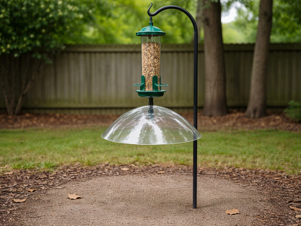 Clean bird feeder, swept ground, and a pole-mounted squirrel baffle keeping pests away