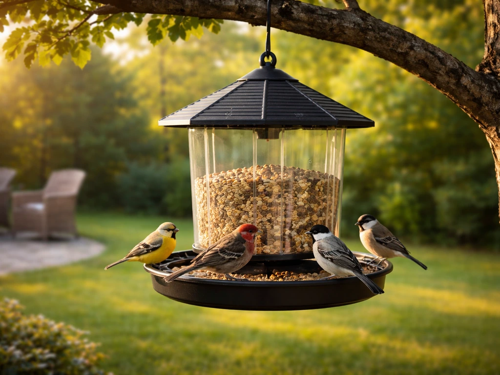 PeckperK bird feeder hanging in a backyard with birds feeding at the tray