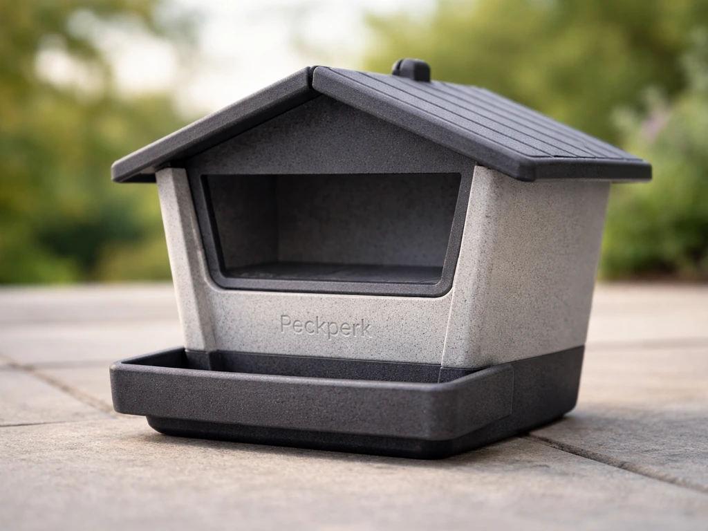 Close-up of a hopper-style bird feeder body with tray lip, showing the correct PeckperK model design.