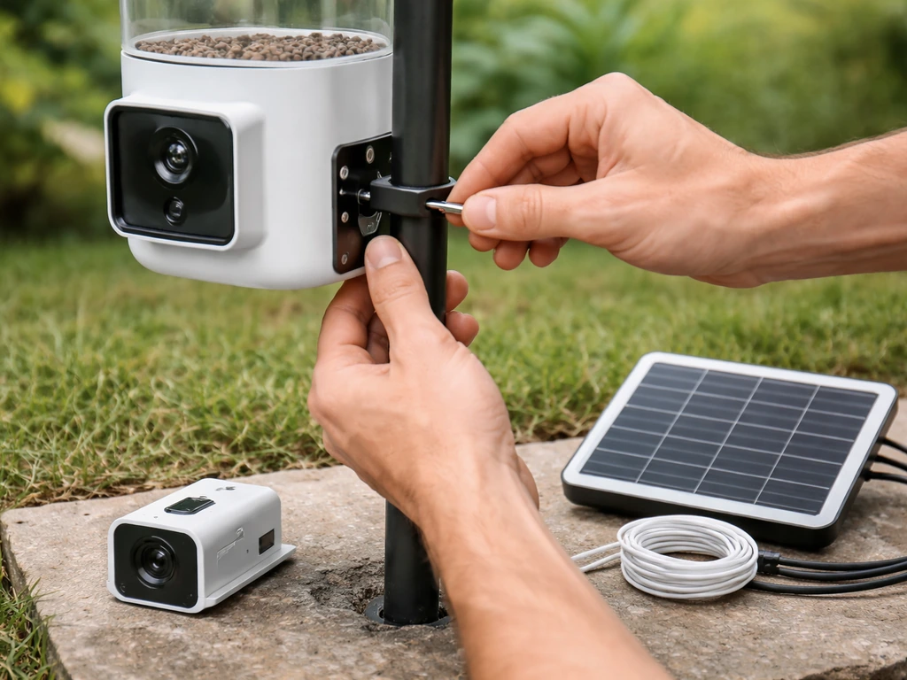 Hands mounting an outdoor feeder camera bracket while a solar panel and camera module rest nearby.