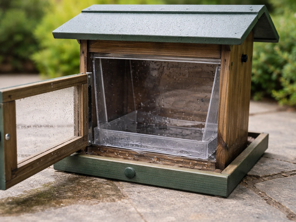 Bird hopper feeder with rear door open, revealing the seed compartment for rinsing and cleaning.