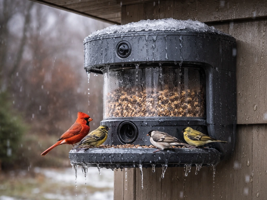 Outdoor PeckperK feeder with rain and light snow, droplets beading on an IP65-rated device housing
