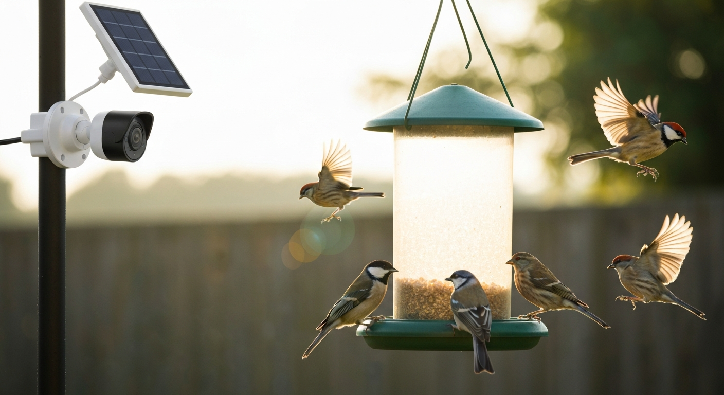 Backyard bird feeder with a small solar-powered wire-free camera mounted nearby, several songbirds feeding.