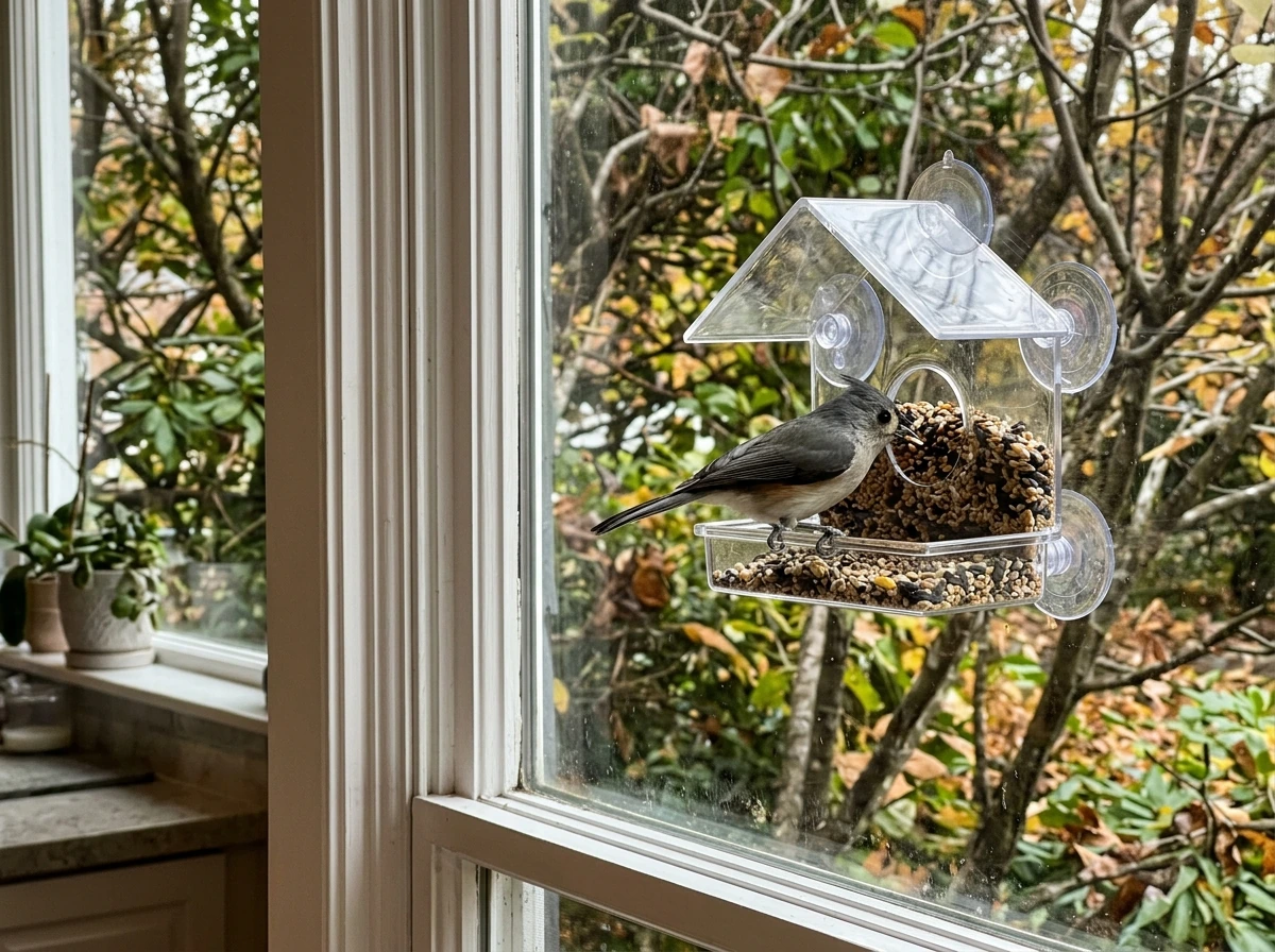 Window feeder mounted on a glass window with birds visiting