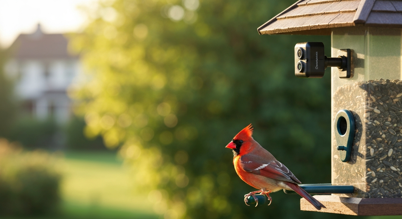 Backyard bird feeder with a compact camera module attached and a songbird perched, photographed in warm morning light.