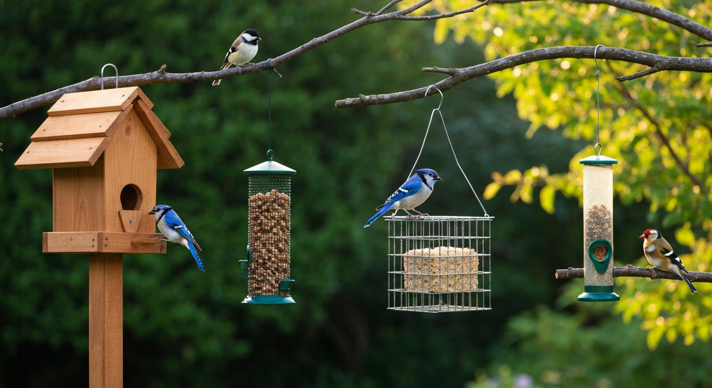 Backyard scene showing a hopper feeder, a shelled-peanut tube, a suet cage, and a nyjer tube, with a chickadee, blue jay, and goldfinch feeding.