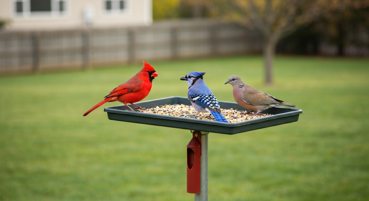 Flat-top platform bird feeder on a metal pole with a cardinal, blue jay, and mourning dove feeding; torpedo baffle visible below.