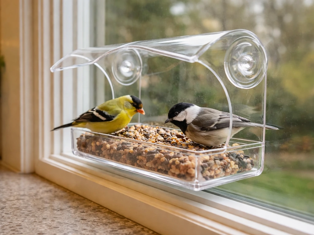 Two small birds feeding on a suction-cup bird feeder mounted to a window, suction cups visible