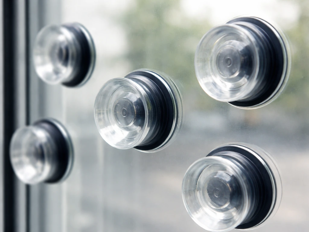 Close-up of suction cups sealed on a clean window, showing the rubber cups pressed firmly