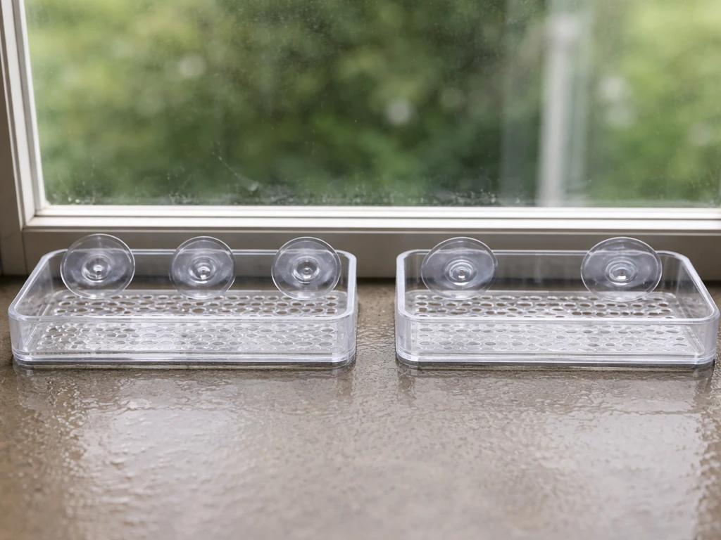 Two clear suction-cup suet feeder bases side-by-side, one with more cups and one with fewer.