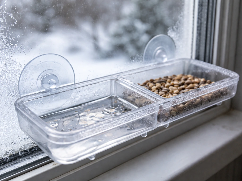 Frosty window with a suction-cup bird feeder, showing dry seeds and a thin pooled-water edge in winter.