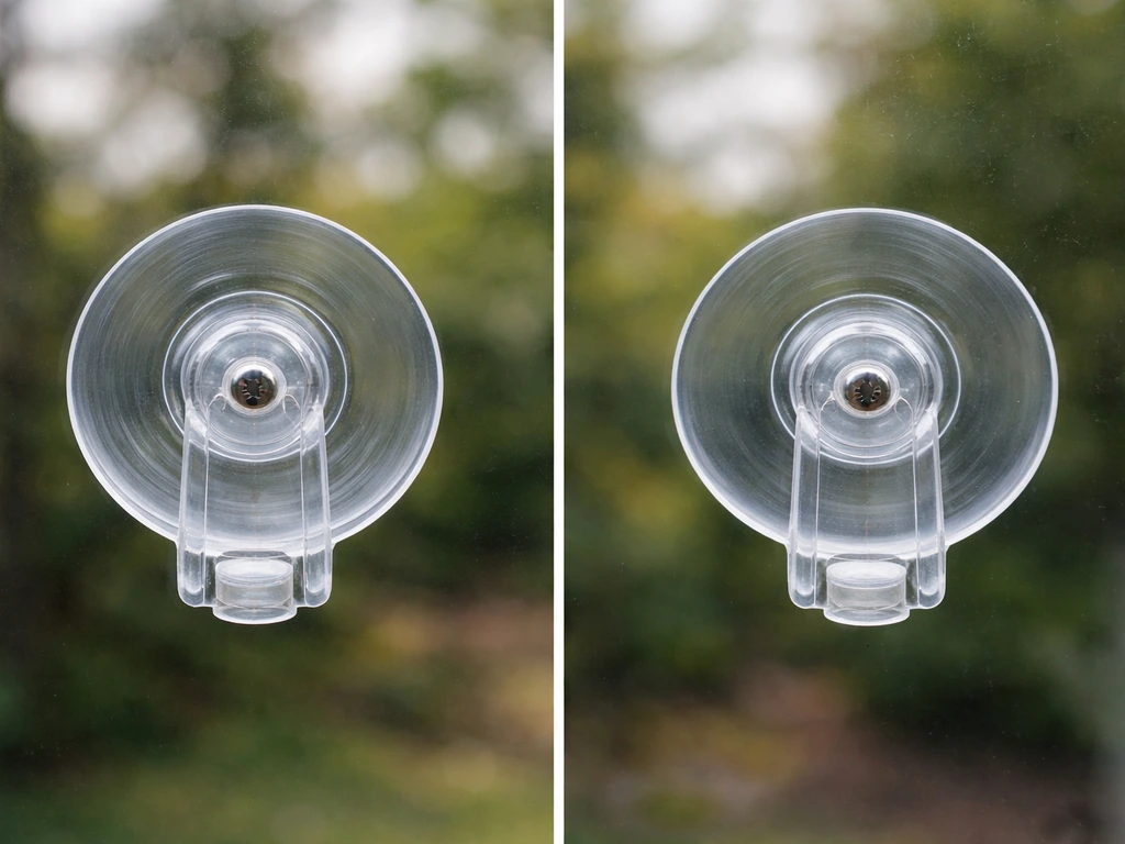 Two bird feeder suction mounts on a window—one with a gap and one freshly reseated and sealed.
