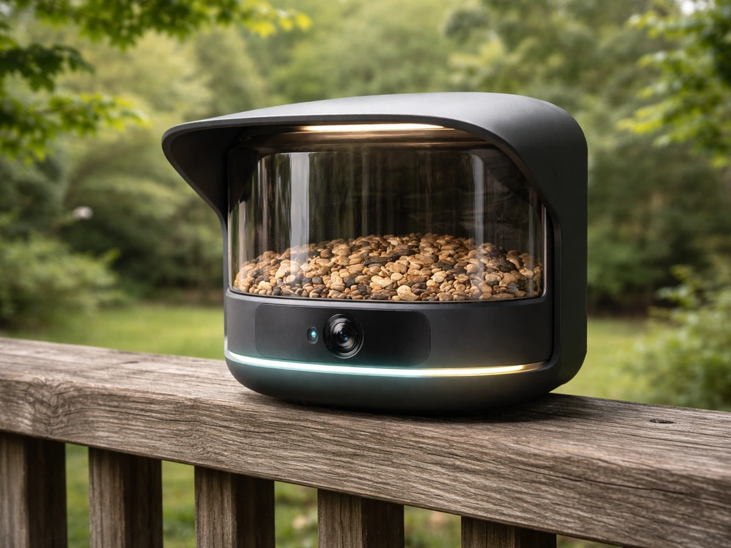 Smart electronic bird feeder on a backyard rail with a visible camera window.