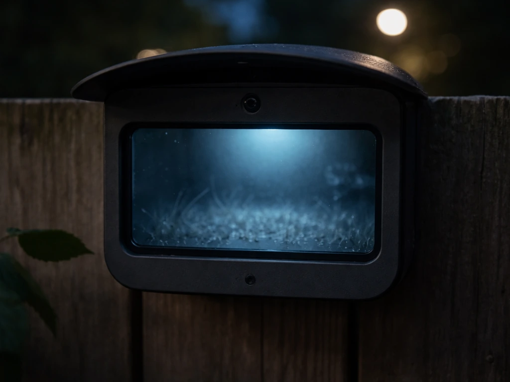 Close-up of a bird feeder’s night-vision window glowing in a dark outdoor scene
