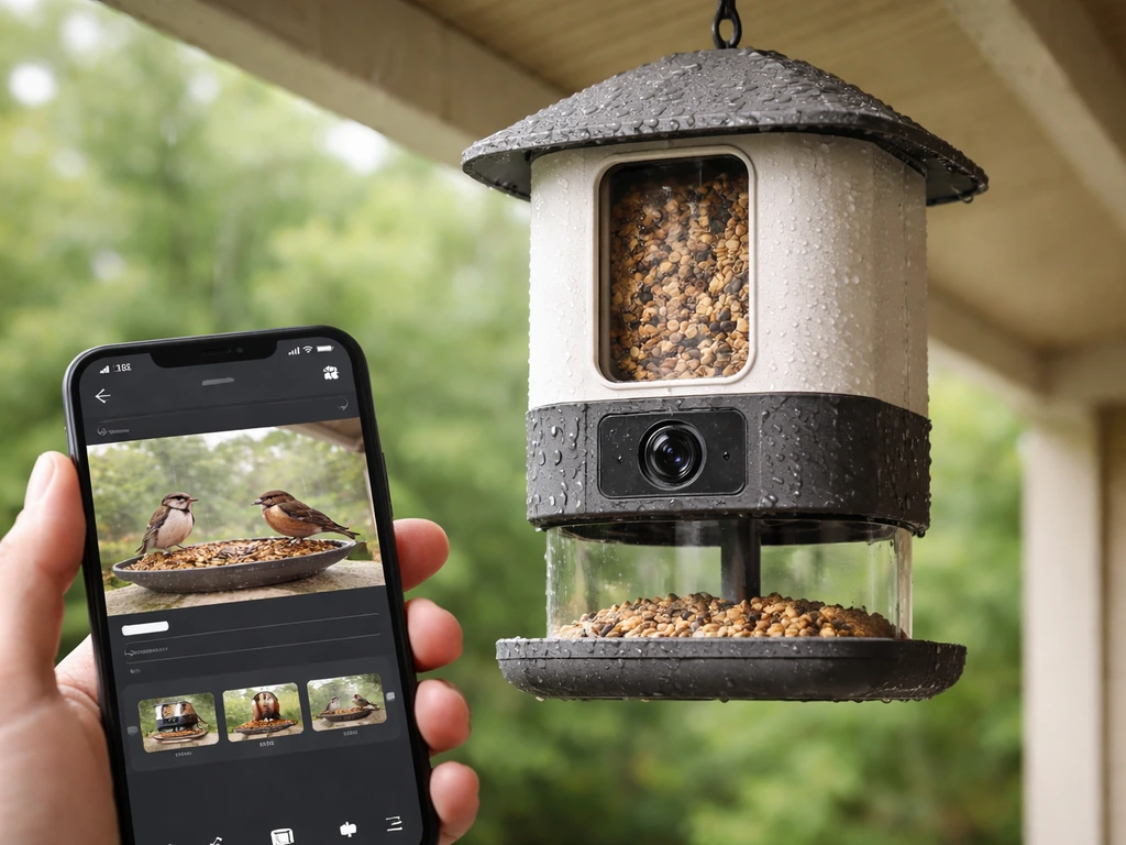 Weatherproof smart camera bird feeder outdoors, with smartphone showing motion/video monitoring.