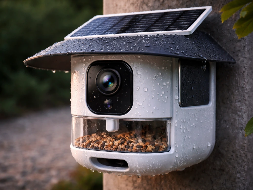 Minimal product scene showing an outdoor smart bird feeder camera, solar power module, and weatherproof design elements.