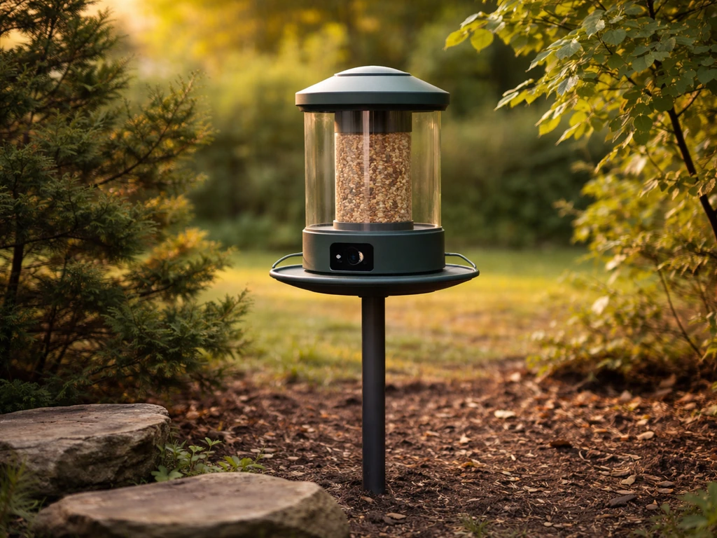 Electronic bird feeder mounted near trees, camera view aligned to show nearby perch area