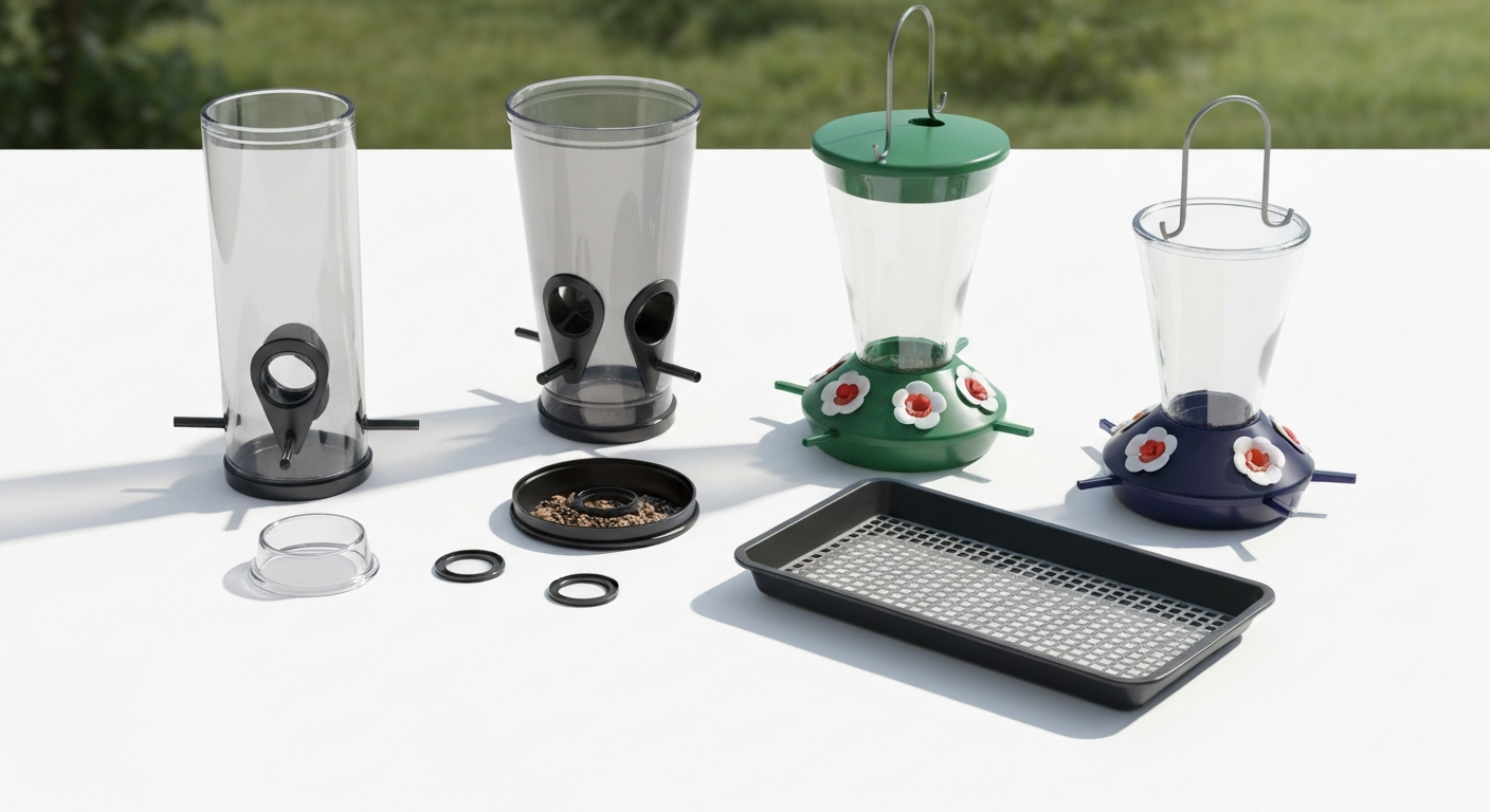 Four easy-clean bird feeders (tube, hopper, hummingbird, platform) arranged on a white surface, showing removable parts and smooth materials.
