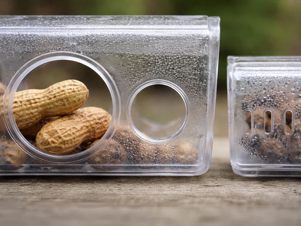 In-shell peanuts poised above an open feeder with larger ports, contrasting with small-port birdseed design.