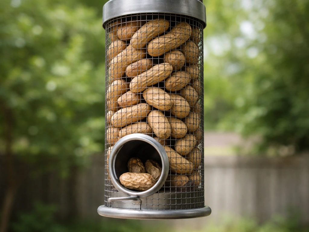 Outdoor wire mesh tube feeder loaded with whole peanuts (in-shell), open for large nuts