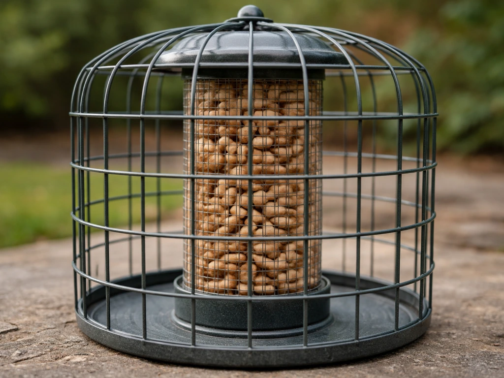 Caged guardian-style peanut feeder with a wire cage surrounding a central peanut hopper