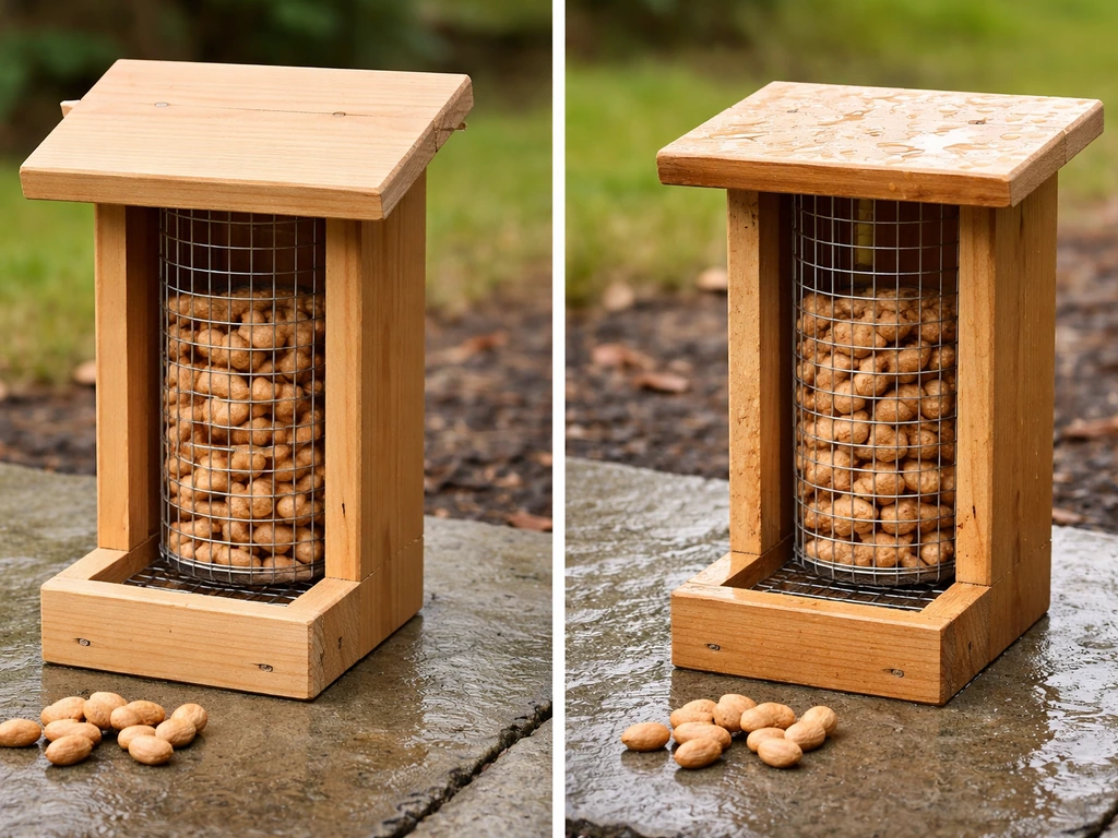Two peanut feeders side by side: one dry under a cover and draining, the other exposed to dampness.