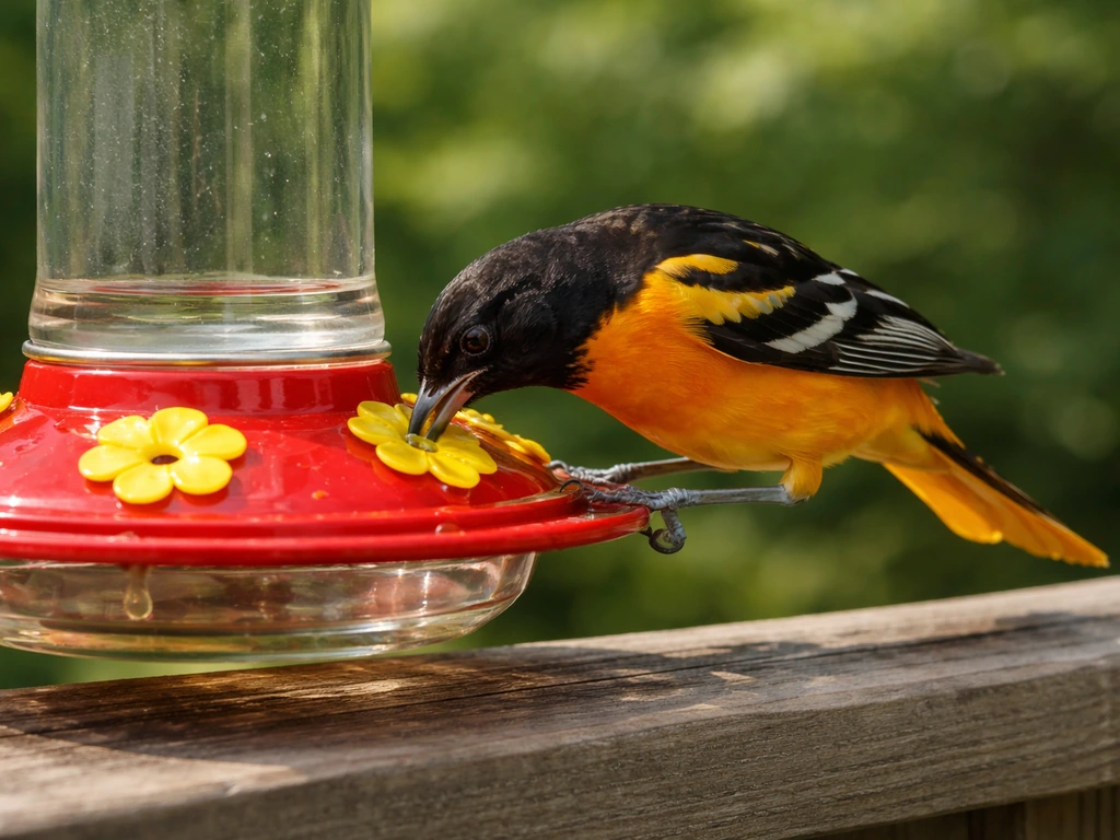 An orange-and-black Baltimore oriole perched at a nectar feeder, feeding at the nectar ports