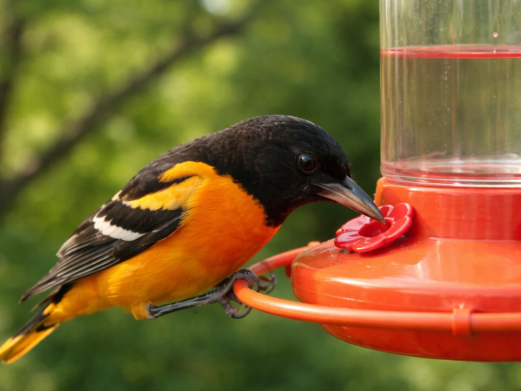 Baltimore oriole perched by a nectar feeder, probing the feeder port side-to-side for nectar.