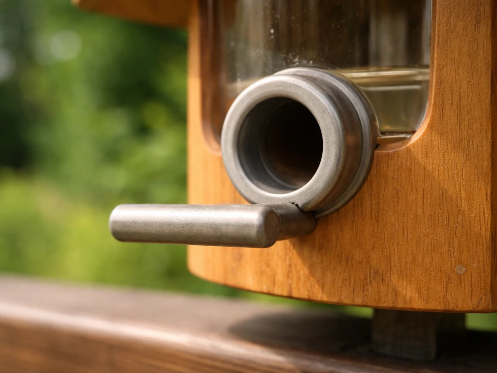 Close-up of a hummingbird/nectar feeder showing a wide nectar port and sturdy perch extending outward.